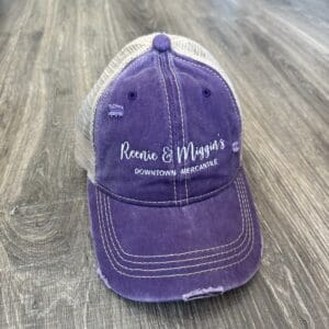 Purple distressed baseball cap with logo.