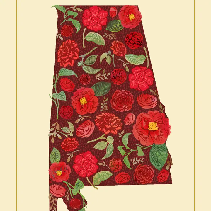 Alabama state outline with red flowers.